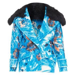 Prada blue alpaca wool abstract floral fur collar pea coat
